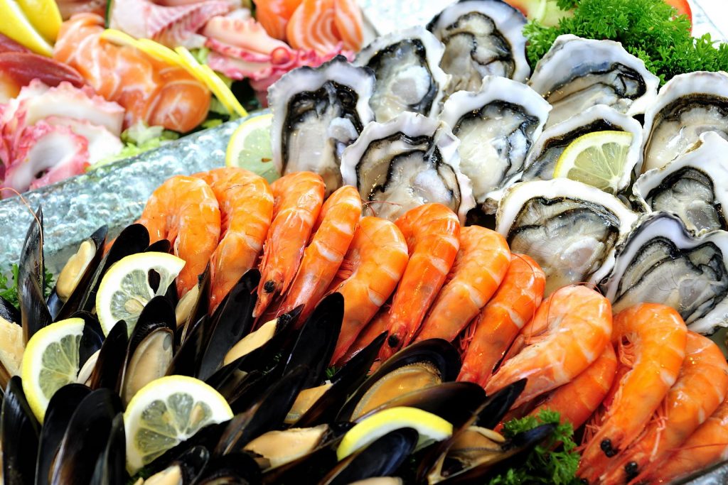 Colorful spread of fresh seafood