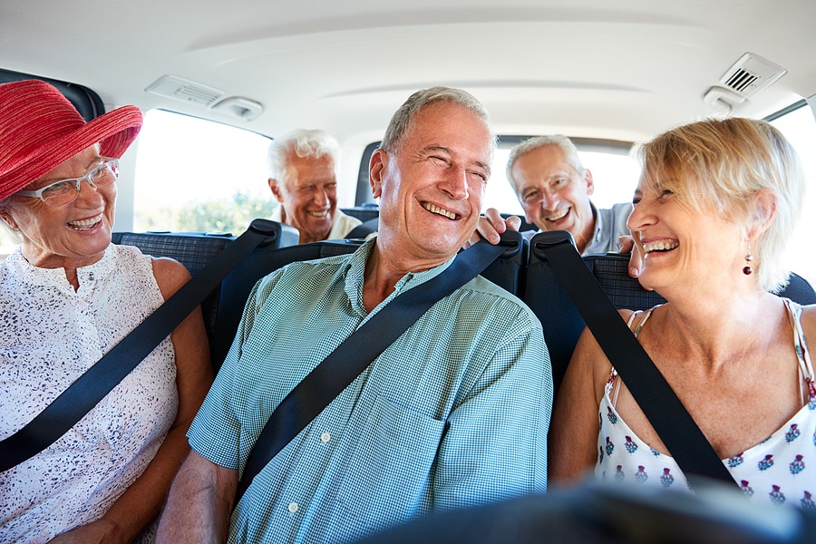 A group of smiling tourists enjoying a fun ride in a van